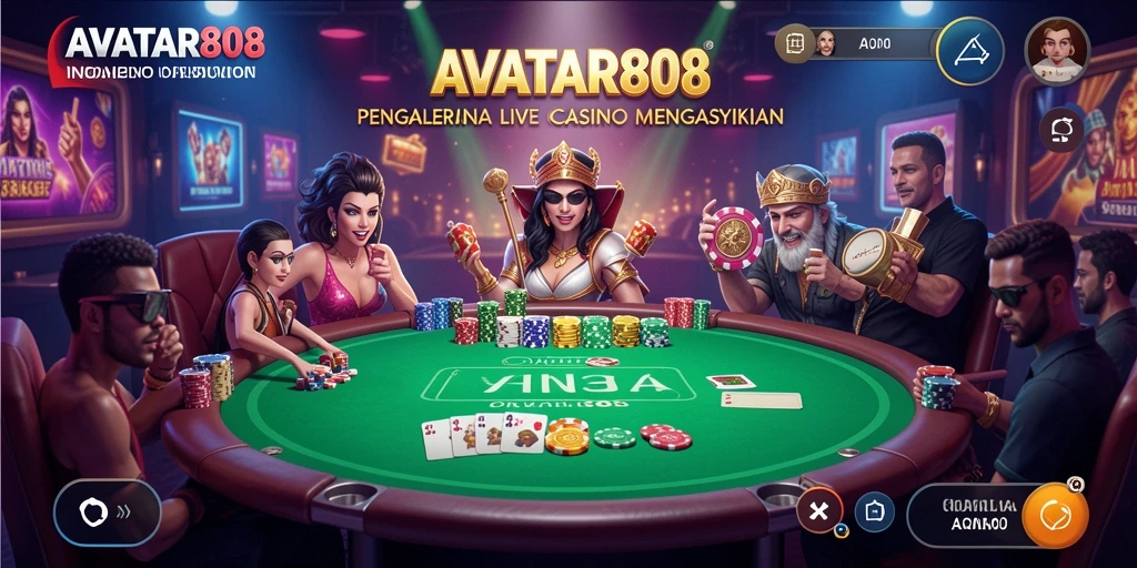 Screenshot utama AVATAR808 menunjukkan dealer langsung dan suasana kasino yang nyata.