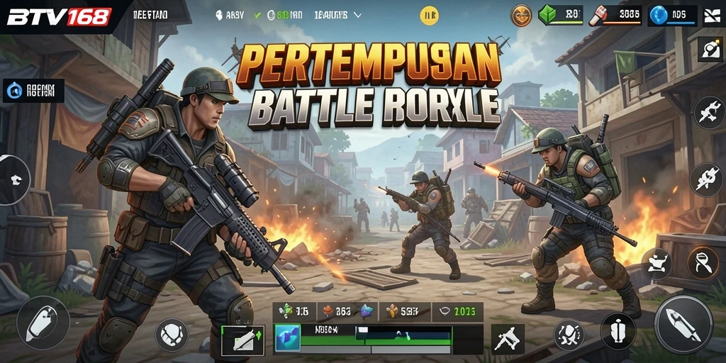 Screenshot BTV168 menampilkan aksi pertempuran intens di medan perang Battle Royale.