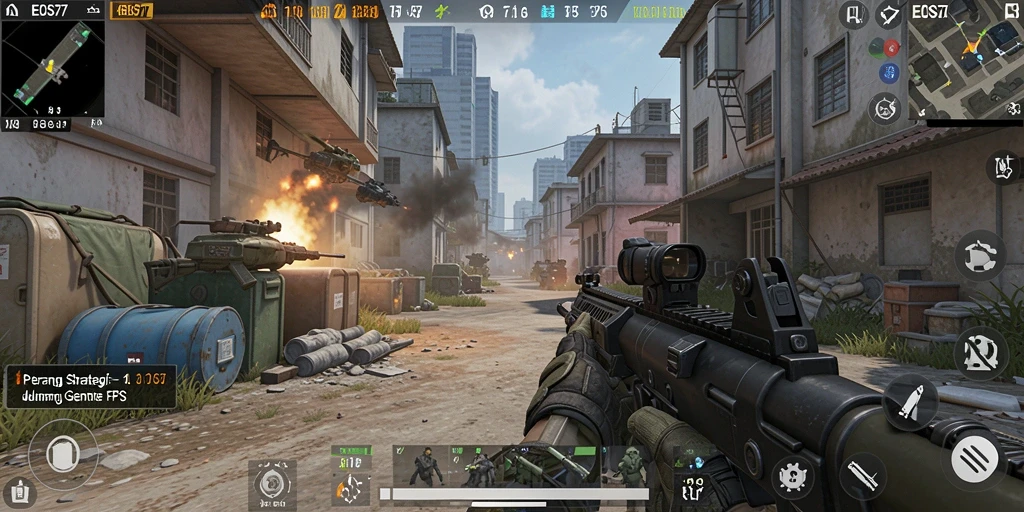 Screenshot gameplay menunjukkan pertempuran intens di <strong>EOS77</strong>.