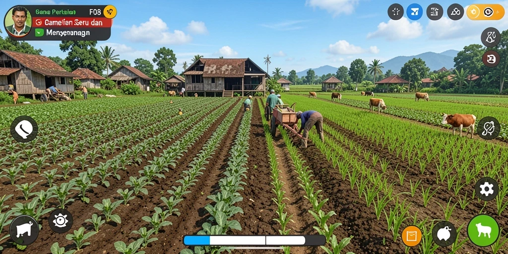 Screenshot utama F08 menunjukkan gameplay seru bertani.