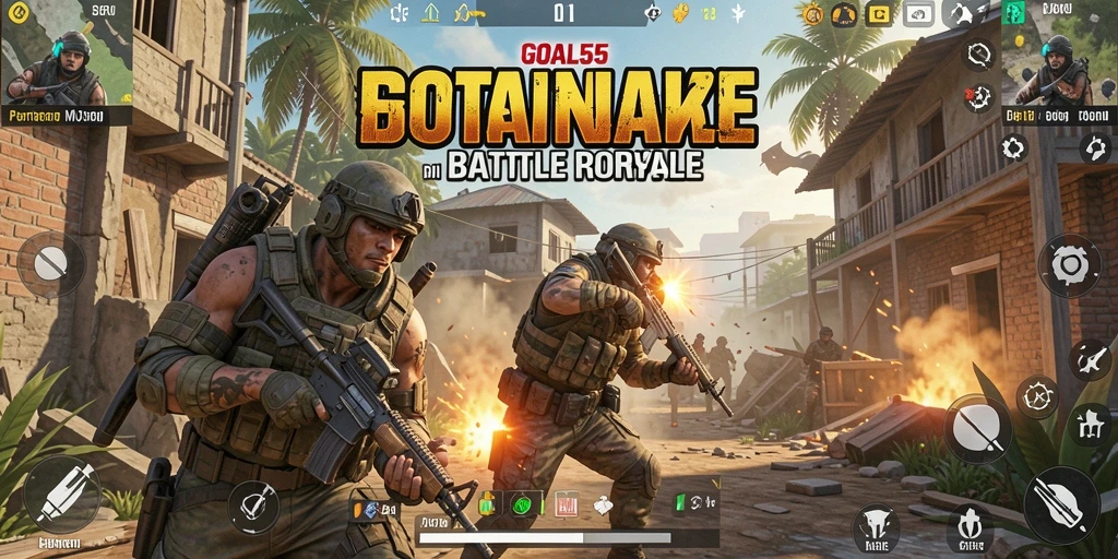 Screenshot utama GOAL55 menunjukkan aksi pertarungan Battle Royale yang mendebarkan.