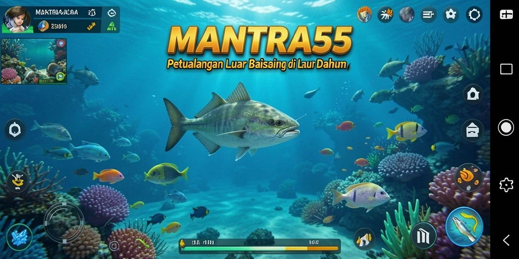 Screenshot gameplay <strong>MANTRA55</strong> menunjukkan aktivitas memancing yang seru dan menantang.