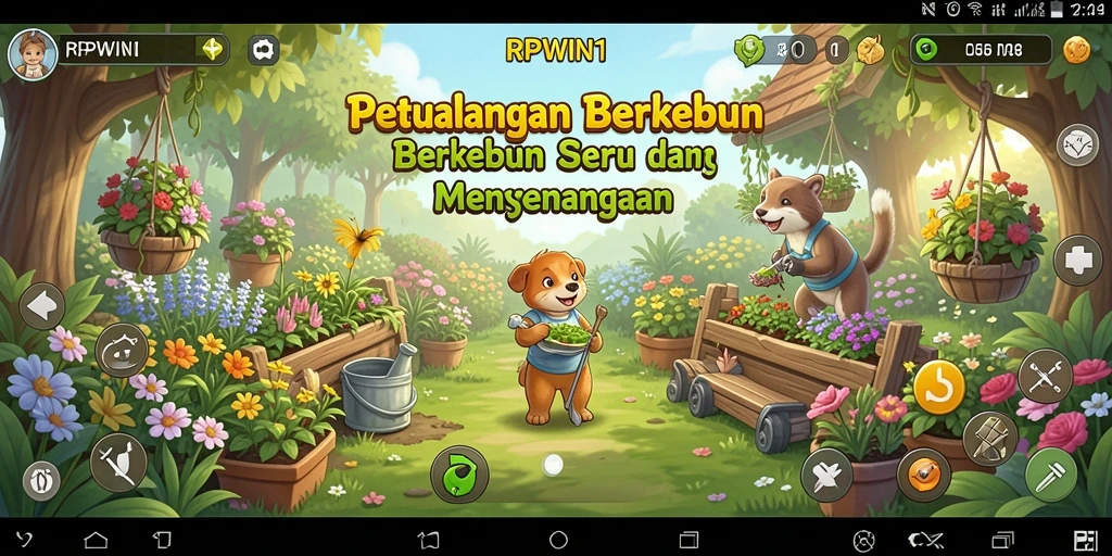 Screenshot gameplay RPWIN1 menampilkan kebun yang penuh warna dan aktivitas berkebun yang seru.